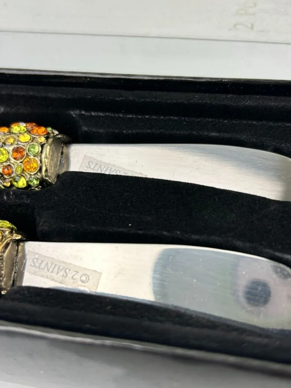 2 Saints Butter Cheese Spreader Knife Set Rhinestone Wood Bark Fall Metal READ